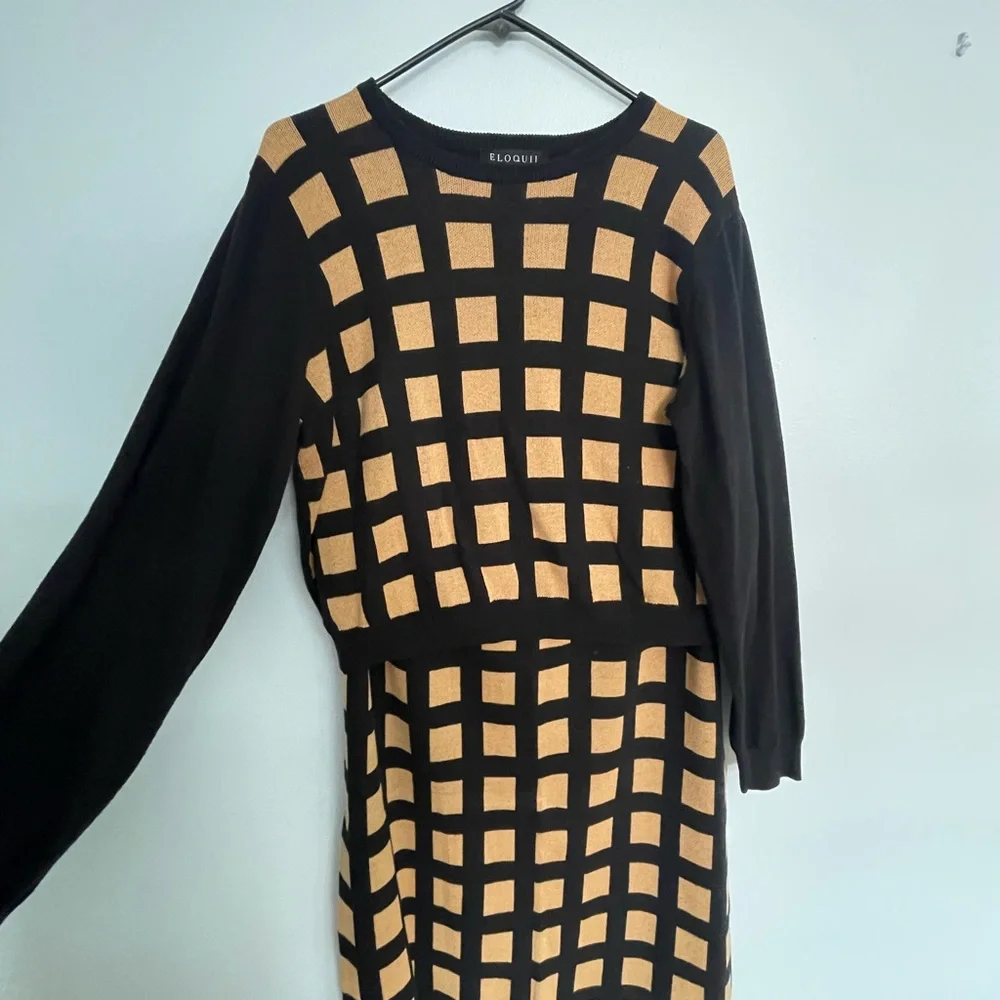 Eloquii Black and Tan Checkered Sweater Skirt Set - Picture 3 of 5